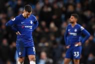 Eden Hazard (L) and Emerson (R) look defeated during the 6-0 hammering by Man City